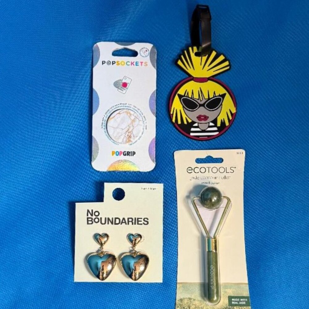 NEW ~ LOT BUNDLE POPSOCKET POPGRIP + LUGGAGE TAG + HEART EARRINGS + JADE ROLLER